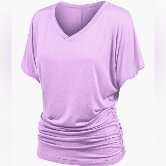 Women's Solid Short Sleeve Boat Neck V Neck Dolman Top with Side Shirring - Picture 2 of 5